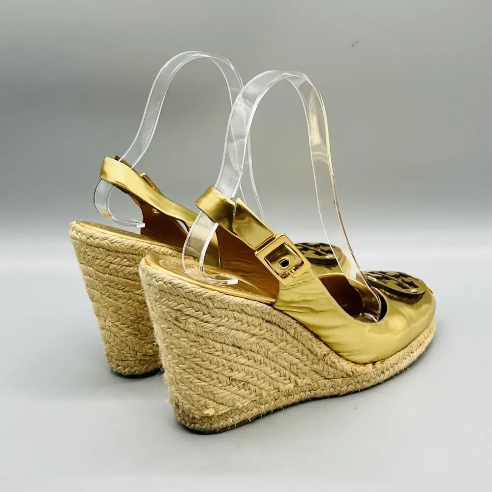 Tory Burch Shoes Womens 7 Gold Leather Slingback Espadrille Wedge Heels Logo